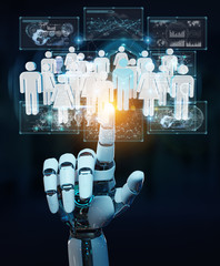 White cyborg hand controlling group of people 3D rendering