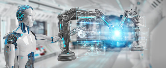 White man robot using robotics arms with digital screen 3D rendering