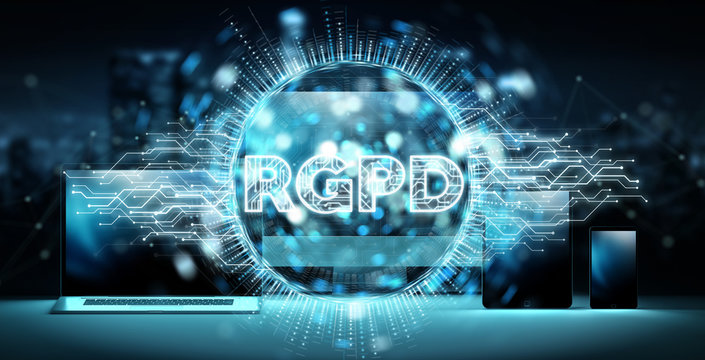 Digital GDPR interface over tech devices 3D rendering