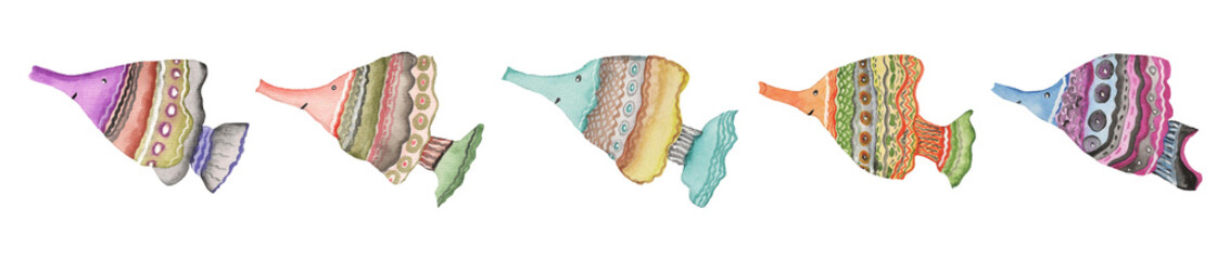 яркие детские рыбки акварели - 208354272