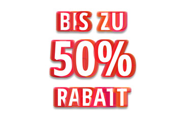 bis zu 50% Rabatt - weißer Hintergrund rote Schrift für Symbol / Schild