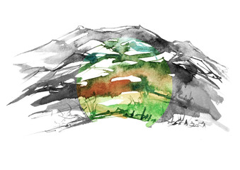 Watercolor drawing with a mountain landscape. The peak of the mountain, the rock, the canyon, wild grass, plant.  On white isolated background. Postcard, logo. Silhouettes mountains.
