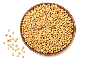 Soybeans in bowl isolated on white background. top view