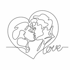 Continuous line drawing - a couple of kisses. Loving man and woman. Heart. Love. Valentine card . Vector.