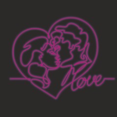 Continuous line drawing - a couple of kisses. Neon glow. Sign. Loving man and woman. Heart. Love. Valentines.