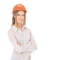 A woman engineer in helmet.