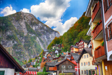 Classic postcard view of famous Hallstatt lakeside town  in the Austrian Alps © pilat666
