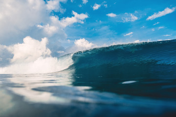 Barrel wave in ocean. Breaking wave for surfing in Oahu