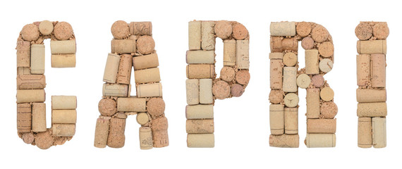 Italian island Capri made of wine corks Isolated on white background