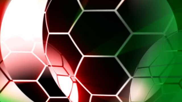 soccer balls in national colours of Italy and Mexico, hexagonal net structure and circles, red green white abstraction, sport graphics for fan fest, World Cup finals, loop