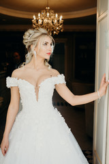 Wedding fashion. Beauty portrait of a bride wearing fashion wedding dress with feathers with luxury...