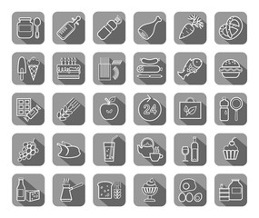 Food, gray, contour icons, vector. Food and drinks, production and sale. White line drawings on a gray field with a shadow. Vector clip art.  
