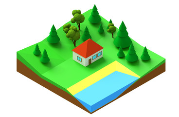 3d rendering Low polygonal isometric model of a house in the forest