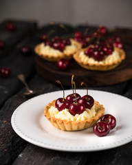 cherry, tart, white plate, rustic style, tartlets, wooden backdrop, old wood, 