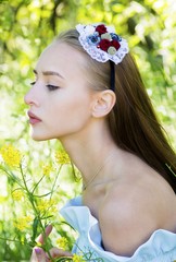 Morning portrait of the meditative woman outdoors