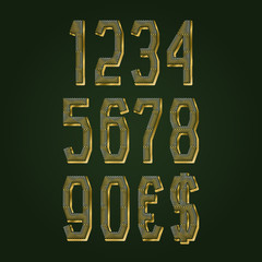 Golden patterned numbers with currency signs of American dollar and euro. Vector symbols