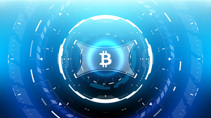 Bitcoin cryprocurrency futuristic vector illustration for background, HUD, graphical user interface, banner, business and finance infographics. Worldwide digital money blockchain system
