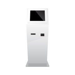 Outdoor White. Payment Terminal. ATM, POS, POI Advertising Stand On White Background. 3D Mock Up, Template