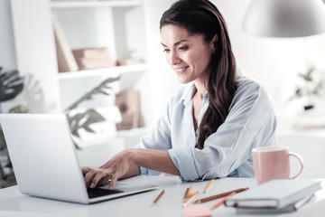 Work with pleasure. Attractive businesswoman keeping smile on face while working at her laptop