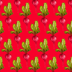 Watercolor Vegan Pattern. Seamless Hand Drawn  Vegetables. Healthy Food Print. Gardening Background. Greenery Repeatable Design for Menu, Restaurant, Salat Bar, Farmers Market. Beetroot. Vegetarian.