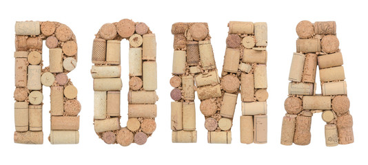 Word  Roma made of wine corks Isolated on white background