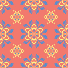 Floral red seamless pattern. Bright colored background with yellow and blue flower elements