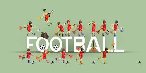 Illustration on the theme of Football. Football player in a hat-ear flaps with a balalaika in different poses. Lettering - football.