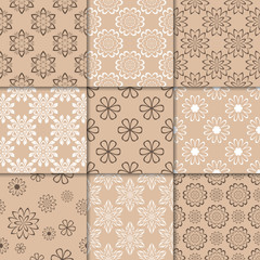 Brown beige floral ornaments. Collection of seamless patterns