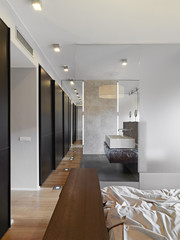 modern bathroom interior on the bottom  the countertop washbasin in the foreground a bed