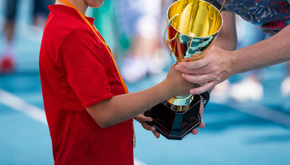 Child in a sportswear receiving a golden cup. Young athlete winning the sports school competition....