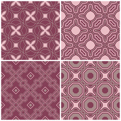 Set of violet seamless backgrounds with geometric patterns