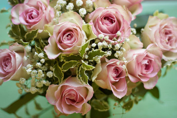 beautiful bouquet of pink roses view from the top