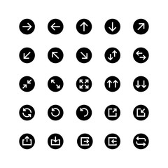 Set of simple white arrows in black circles for mobile user interface and web design isolated on white background