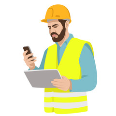 Worker in a helmet with a tablet in his hands flat style
