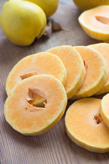 Chopped pumpking ready for cooking on rustick background