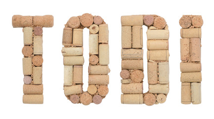 Word  Todi made of wine corks Isolated on white background