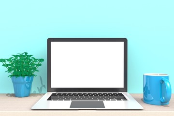 Computer Network Connection Digital Technology, Coffee cup with laptop computer white blank screen on wood work table front view, Isolated on blue background, 3D rendering