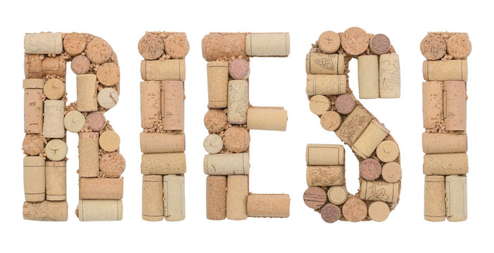  Word Riesi made of wine corks Isolated on white background