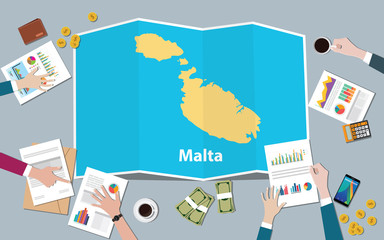 malta economy country growth nation team discuss with fold maps view from top - obrazy, fototapety, plakaty