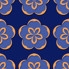Seamless floral background. Deep blue and orange 3d pattern