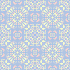 Floral blue seamless pattern. Colored background with beige and pink elements