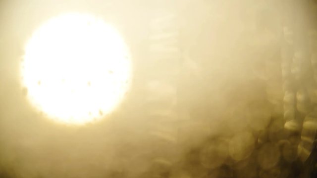 Rain pouring over window on a sunny day in slow motion 4K. Long shot of sun over city scape in focus and refocus to window with raindrops. Bright yellow light.