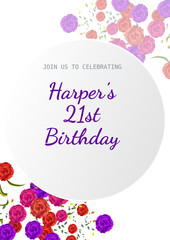 Elegant greeting card design for 21st Birthday celebration with colorful flowers.