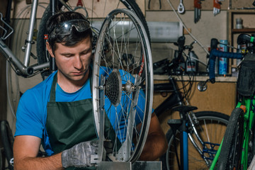 Competent bicycle mechanic in a workshop repairs a bike.