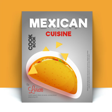 Mexican cusine recipe book cover design with spicy tacos and nachos. Culinary art book cover design.