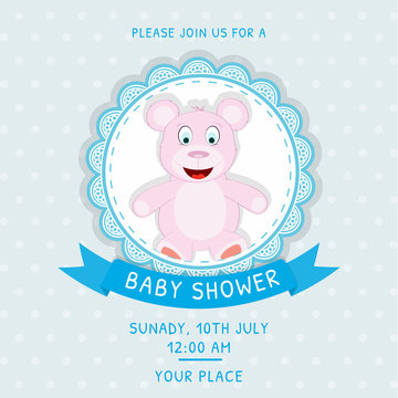Baby shower invitation template with teddy bear, blue color.