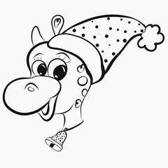 Merry giraffe with hearts in a Christmas cap, with a bell