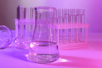 Chemical glassware with water in laboratory