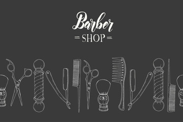 Hand drawn Barber Shop seamless pattern with doodle razor, scissors, shaving brush,  comb, classic barber shop Pole. Sketch. Lettering. Vector background For wallpaper, web page background