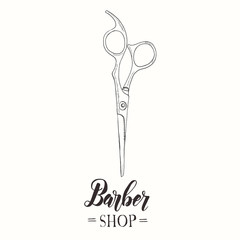 Barber Shop. Hand drawn scissors
in sketch style. Hand made lettering. Vector illustration